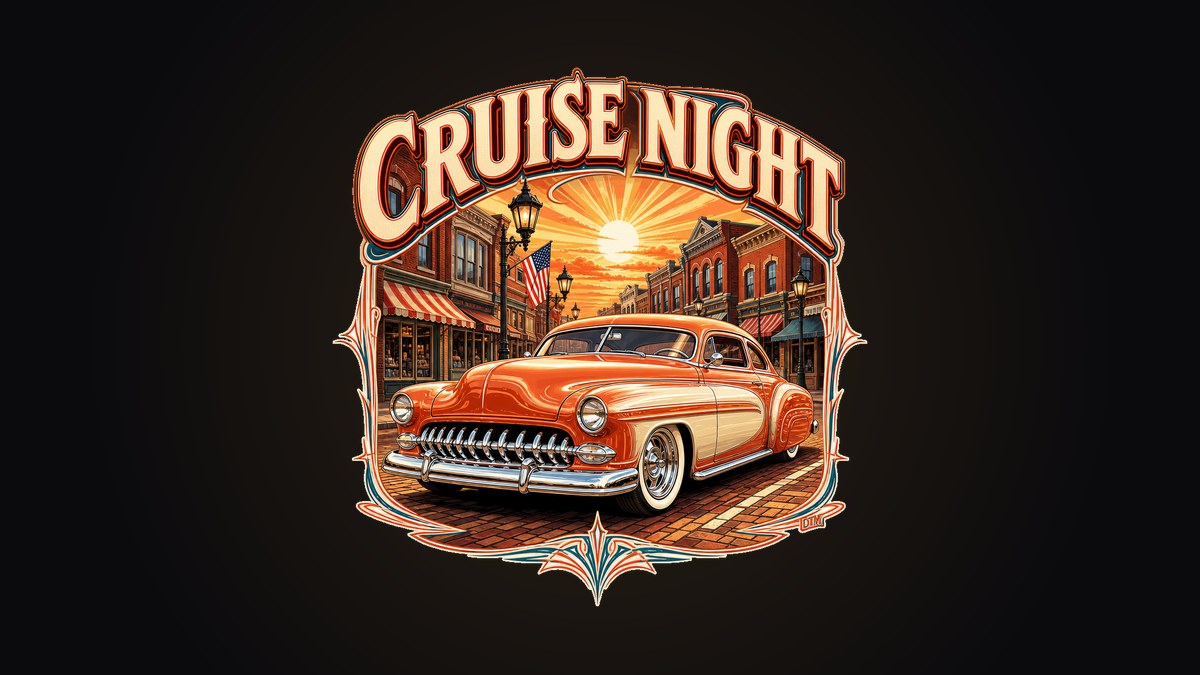 Chrome 1950s style hot rod on a brick street with Cruise Night lettering on a black crewneck