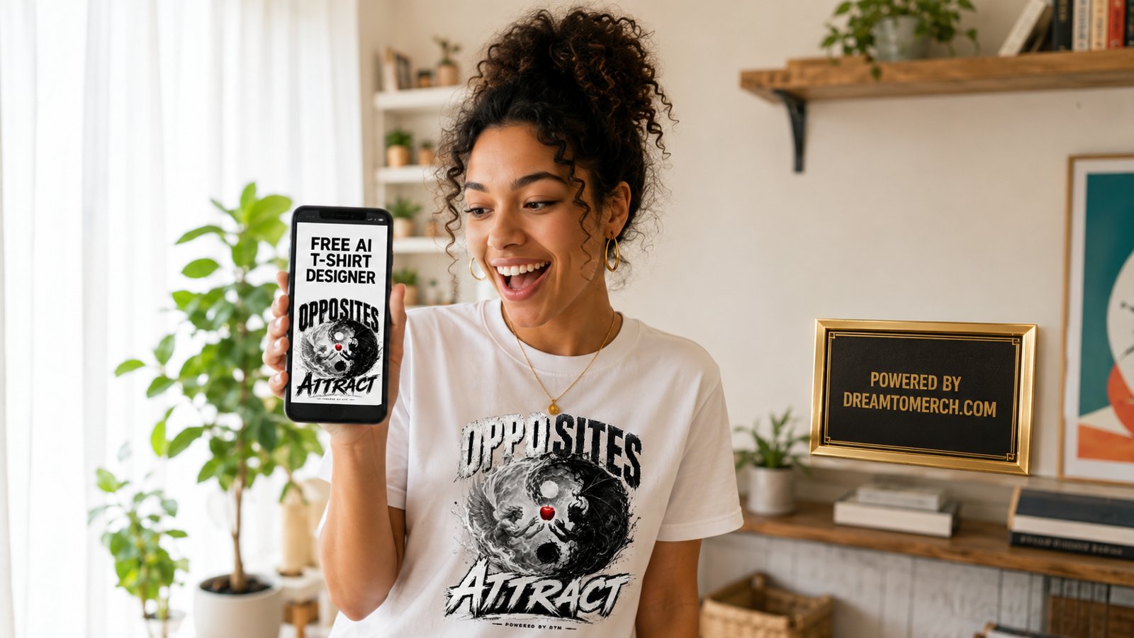 AI-generated graphic design previewed on a black t-shirt in the DreamToMerch builder