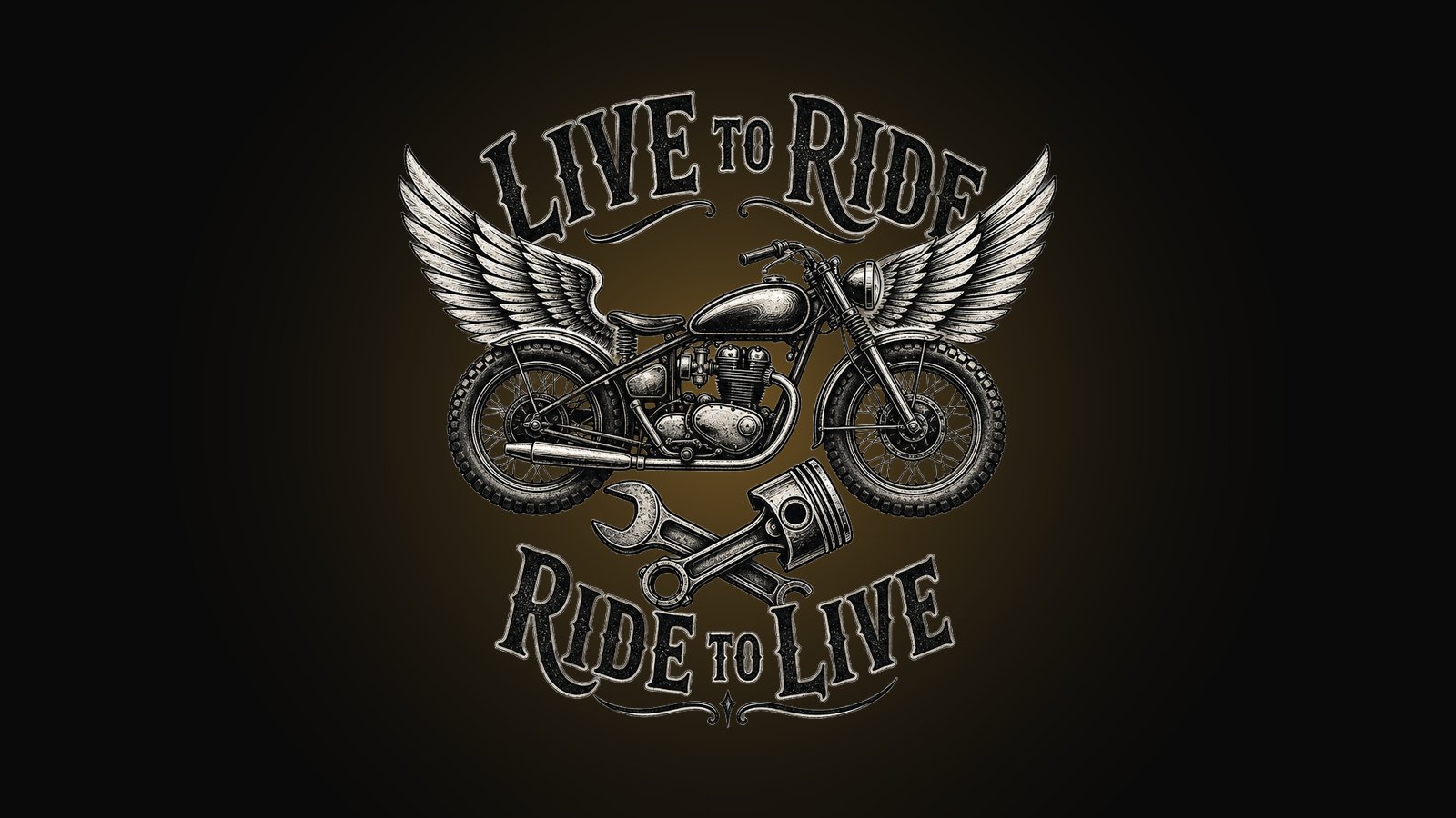Funny biker shirt design with a motorcycle silhouette, wings, a crossed wrench and bold LIVE TO RIDE lettering