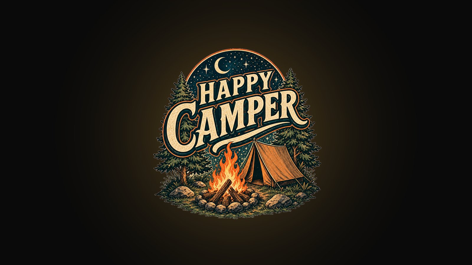 Funny camping shirt design with a campfire, pine trees, a tent under stars and bold HAPPY CAMPER lettering