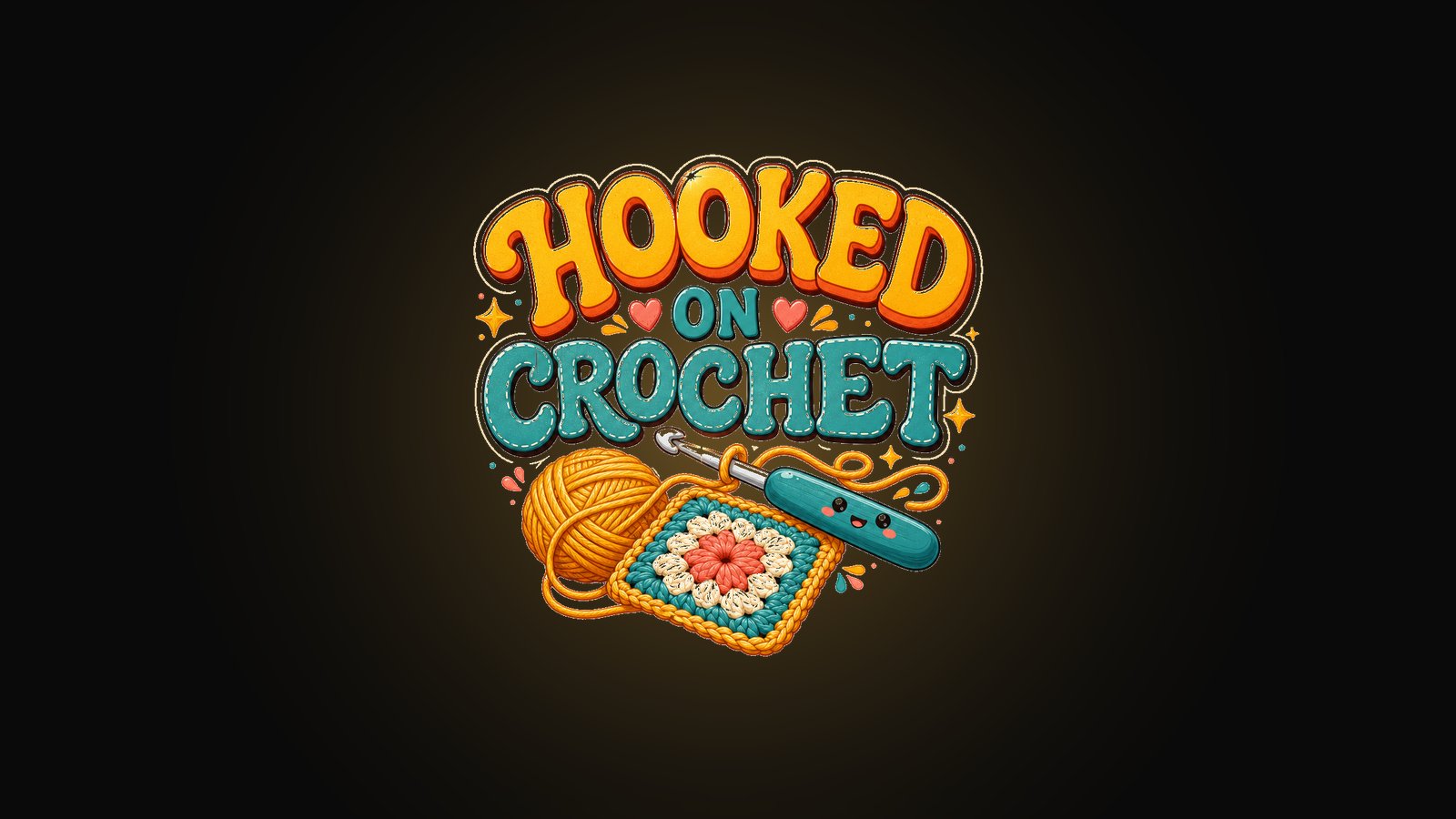 Funny crochet shirt design with a crochet hook, a yarn ball, a granny square and bold HOOKED ON CROCHET lettering