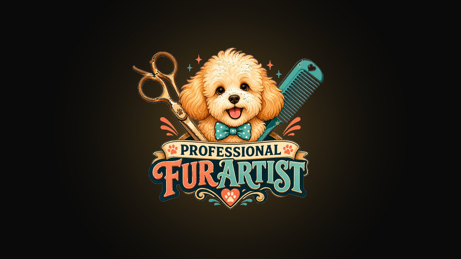 Funny dog groomer shirt design with grooming scissors, a comb, a fluffy dog and PROFESSIONAL FUR ARTIST lettering