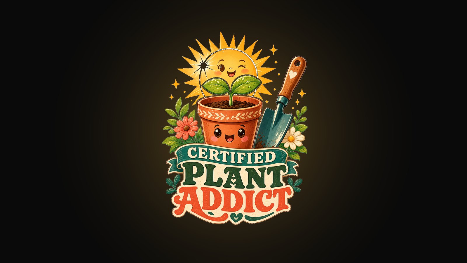 Funny gardening shirt design with a trowel, a growing sprout, the sun and bold CERTIFIED PLANT ADDICT lettering