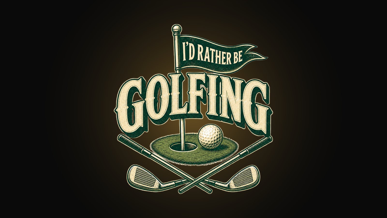 Funny golf shirt design with a golf ball, flag, crossed clubs and bold I'D RATHER BE GOLFING lettering