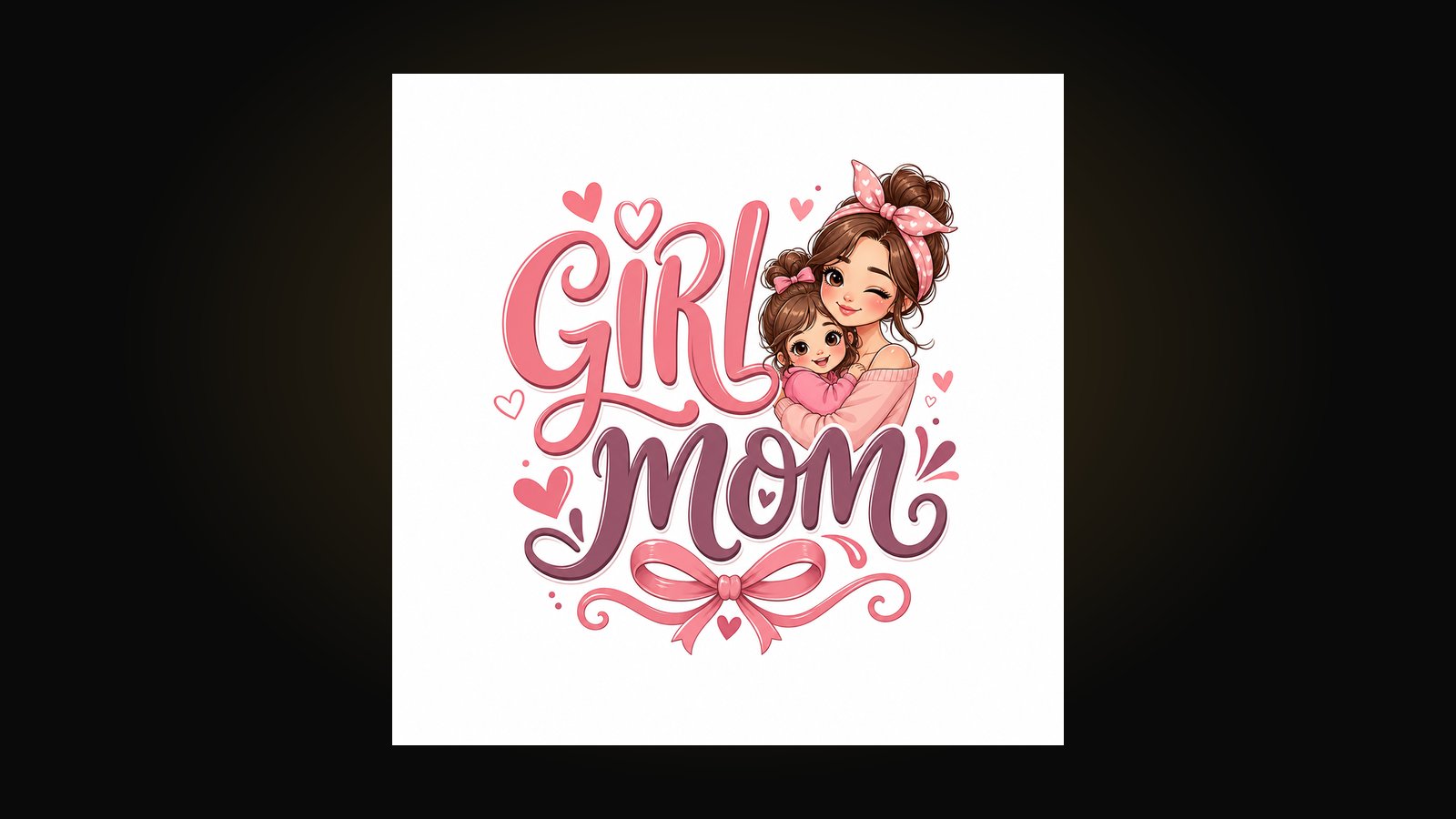 Girl mom shirt design with script GIRL MOM lettering, hearts and a bow flourish