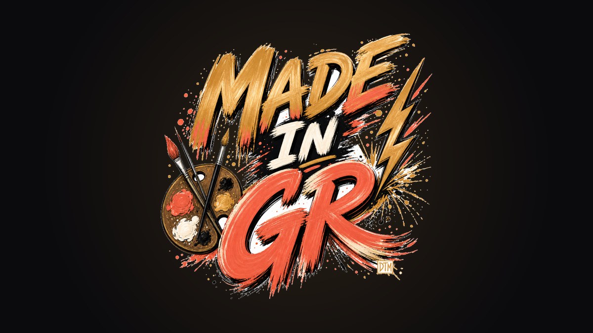Made In GR hand-painted brushstroke lettering with a paint palette on a black crop top