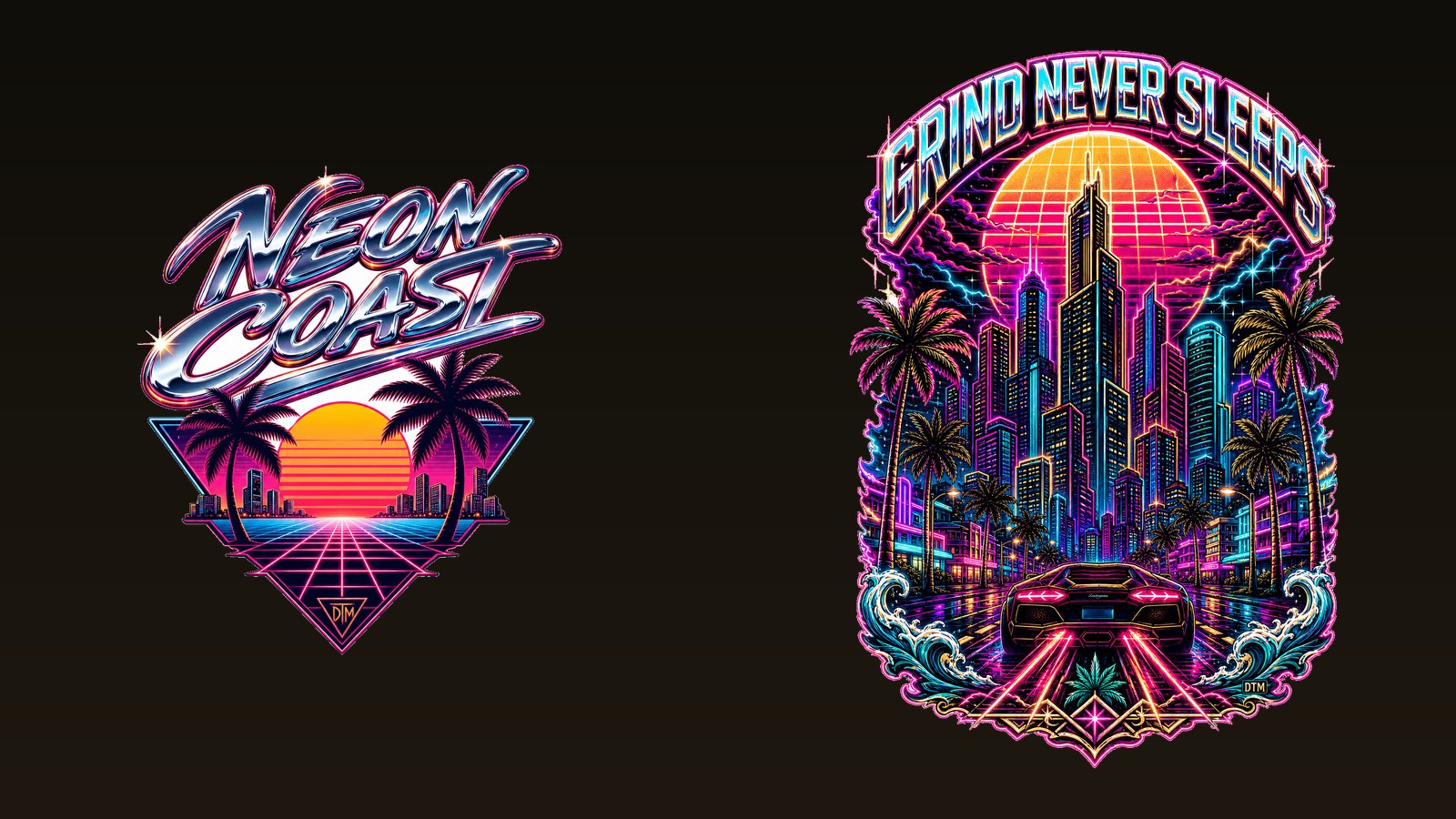 Original neon retrowave night-city apparel art with chrome script lettering on a black tee — creator merch for the GTA 6 hype era