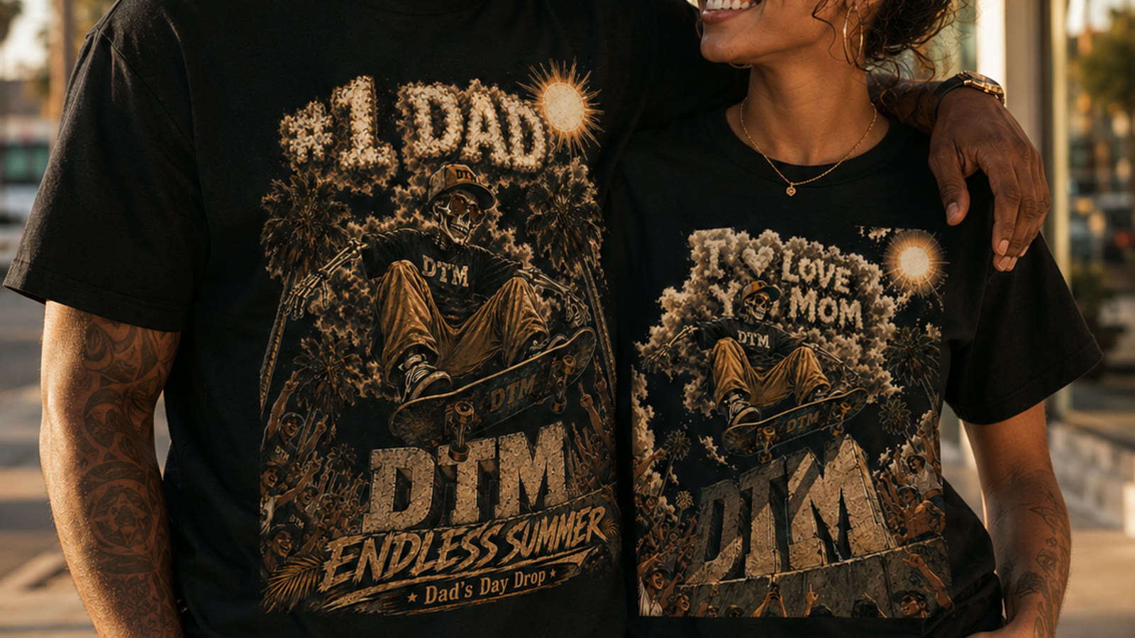 A couple wearing the #1 Dad and I Love You Mom skeleton-skater tees side by side at golden hour