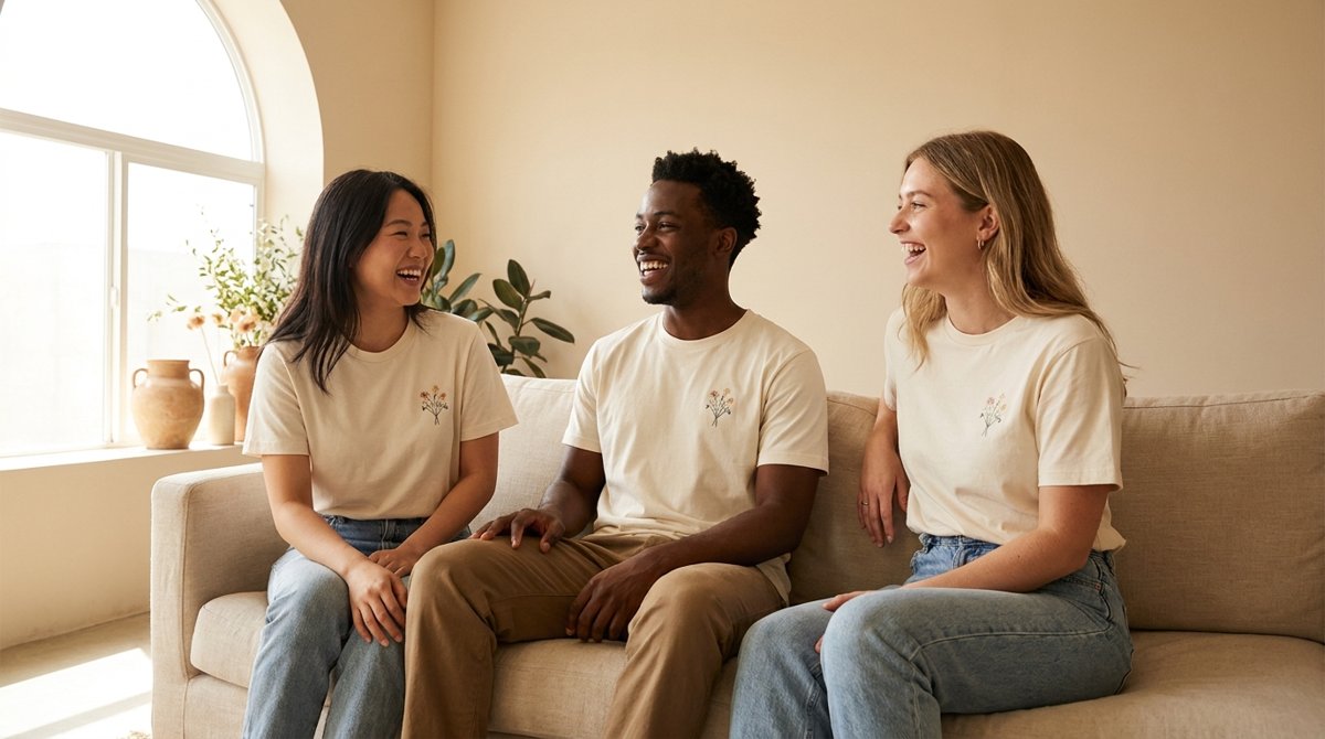 Three friends laughing in matching custom cream t-shirts