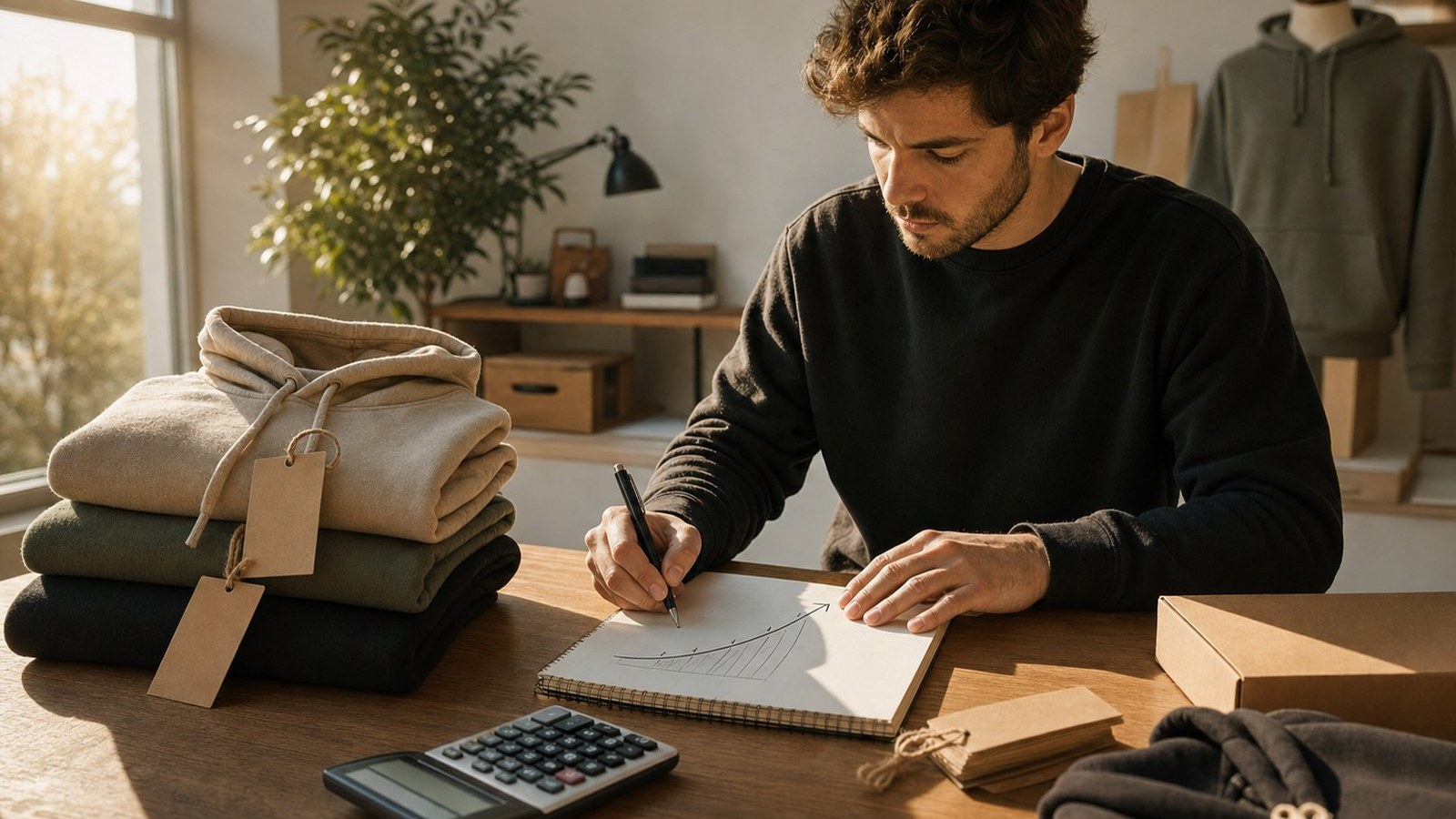 Calculator and custom tee with a pricing breakdown card showing cost, price and profit in gold