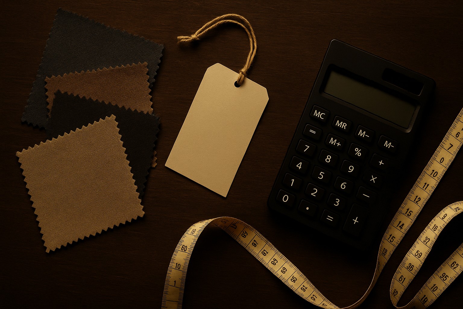 Desk scene with fabric swatches, blank price tag, calculator and measuring tape on dark wood
