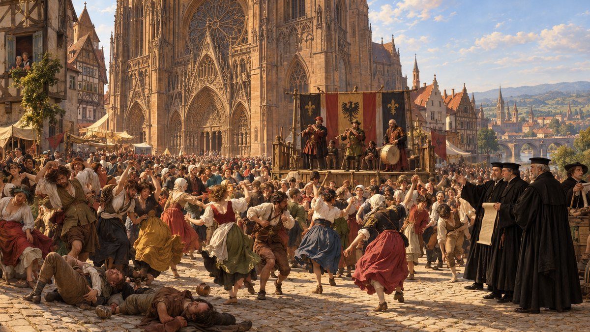Painted panorama from the GoatNut video: In 1518 A City Danced For Two Months. The Cure Was A Band