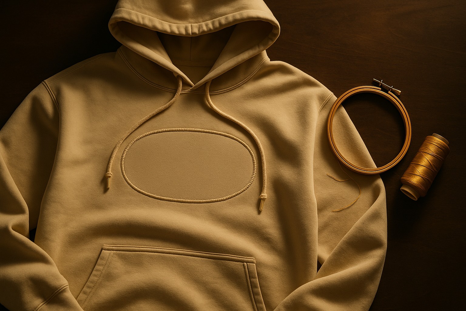 Heavyweight charcoal hoodie flat-laid with dense gold embroidery thread texture across the center chest area