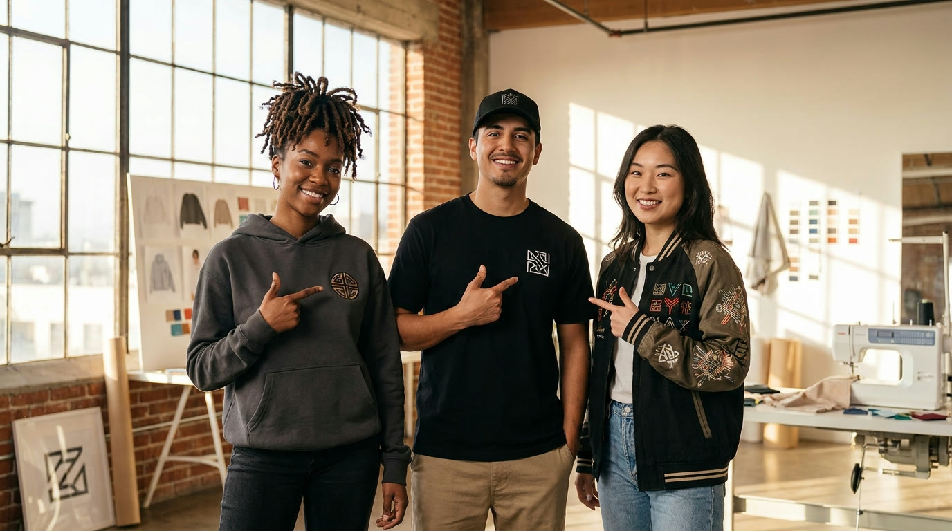 Three young entrepreneurs proudly wearing their own custom-branded clothing