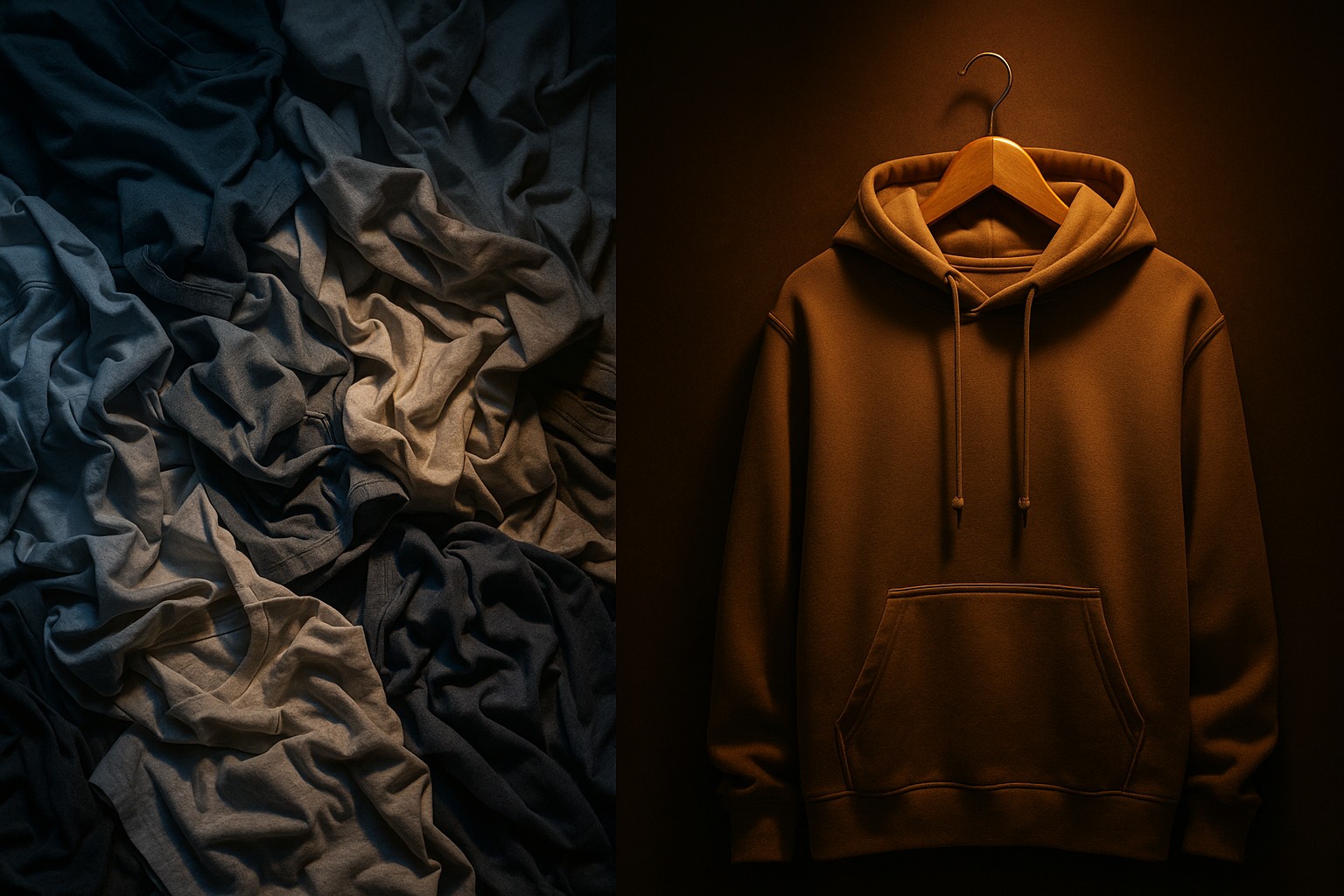 Split scene: pile of wrinkled fast-fashion shirts versus one premium hoodie on a wooden hanger under warm light