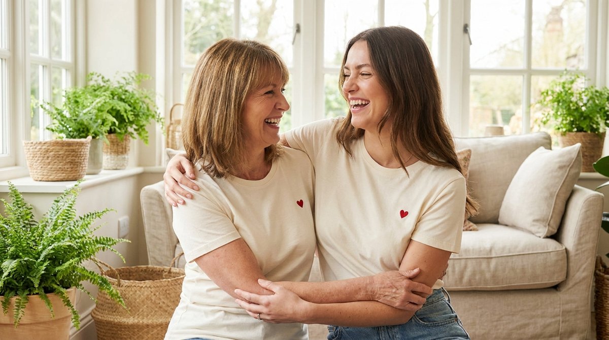Mother and daughter laughing in matching cream custom t-shirts