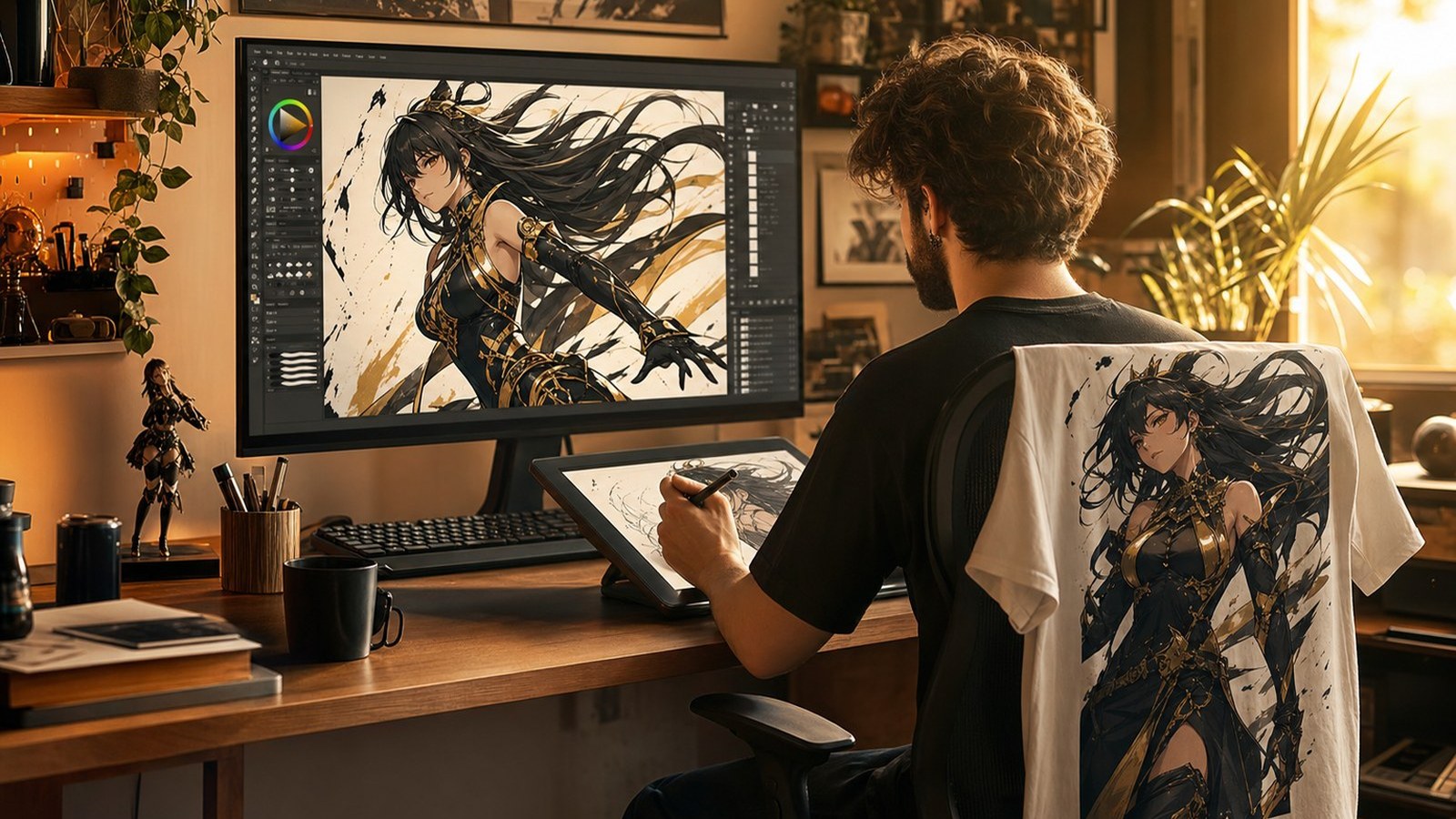 Original anime-style heroine character printed on a black tee and hoodie with gold accent lighting