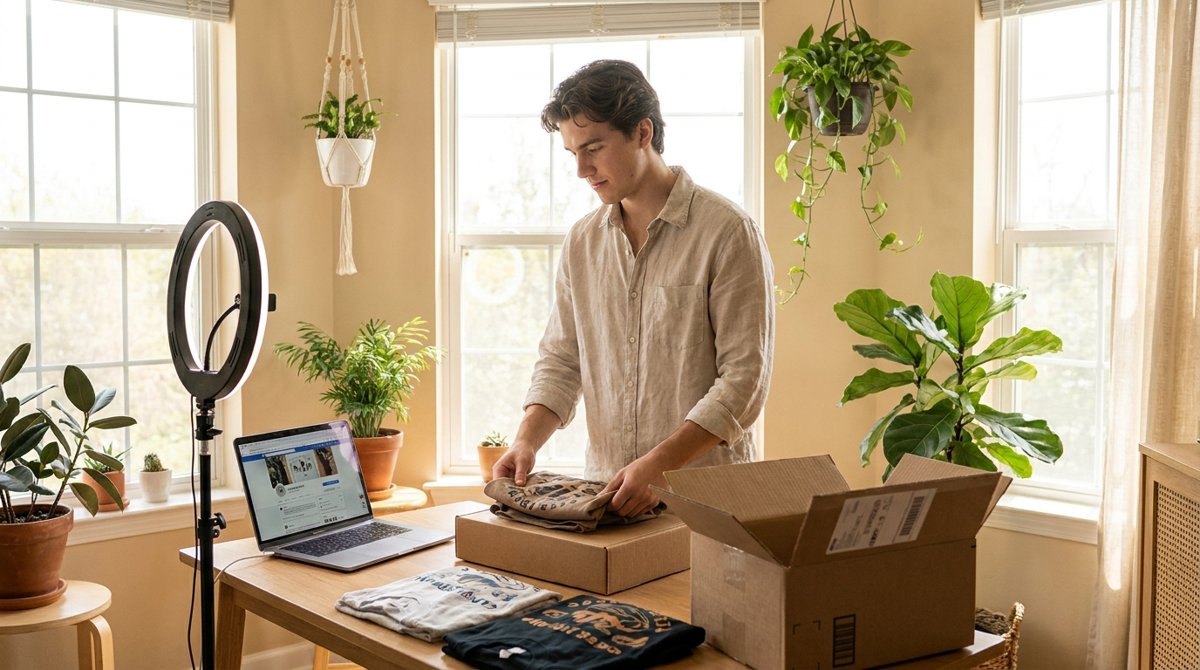 Content creator packing custom printed t-shirts at a sunlit desk