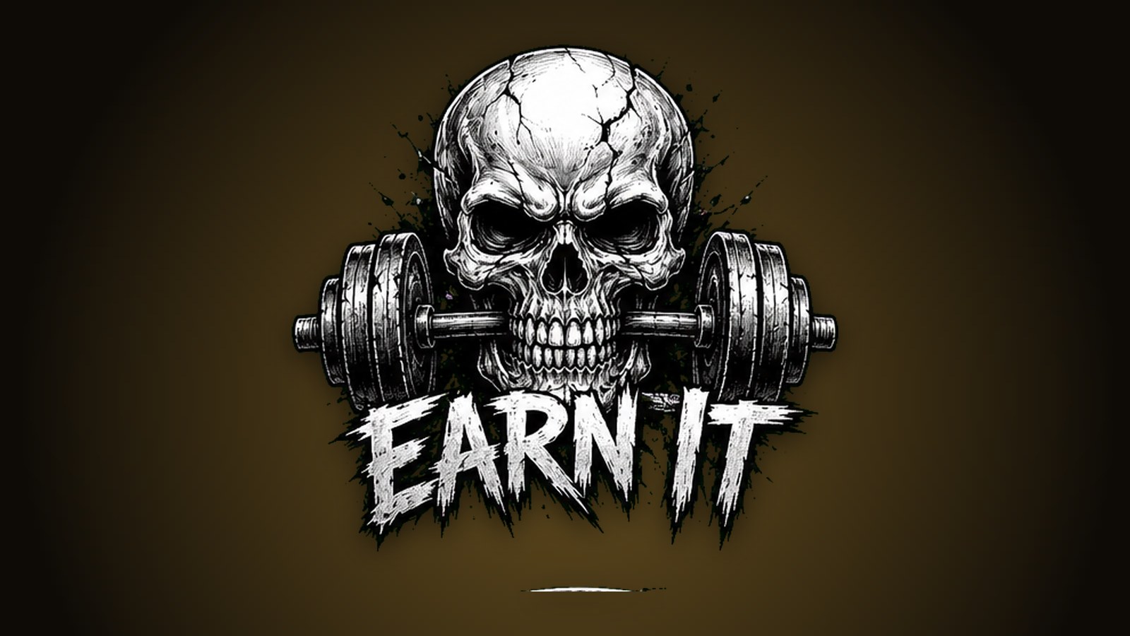 Cracked skull biting a barbell with EARN IT in jagged letters, black and white gym design on dark gold background