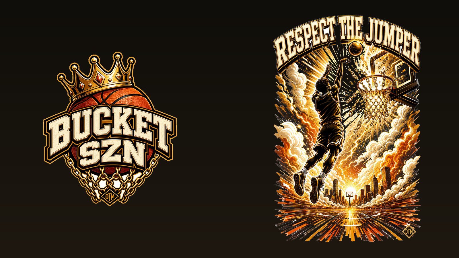 Original crowned basketball varsity emblem with BUCKET SZN lettering on a black tee — hooper culture creator merch