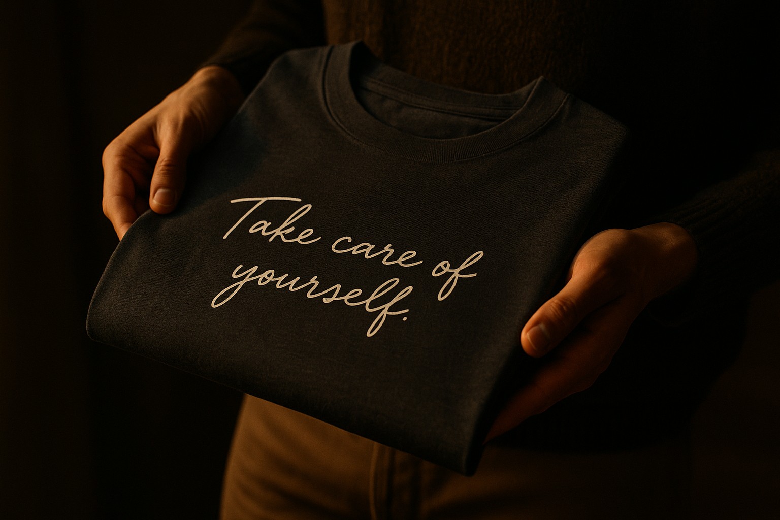 Hands holding a folded charcoal t-shirt with a heartfelt printed message in golden-hour light