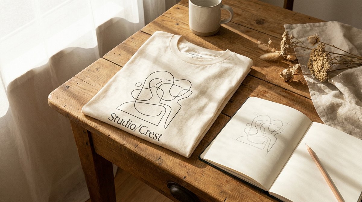 Single custom t-shirt beside a design sketchbook on a wooden table