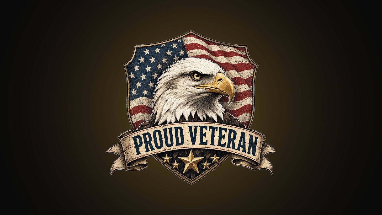Proud veteran shirt design with a bald eagle, American flag shield, gold stars and PROUD VETERAN banner
