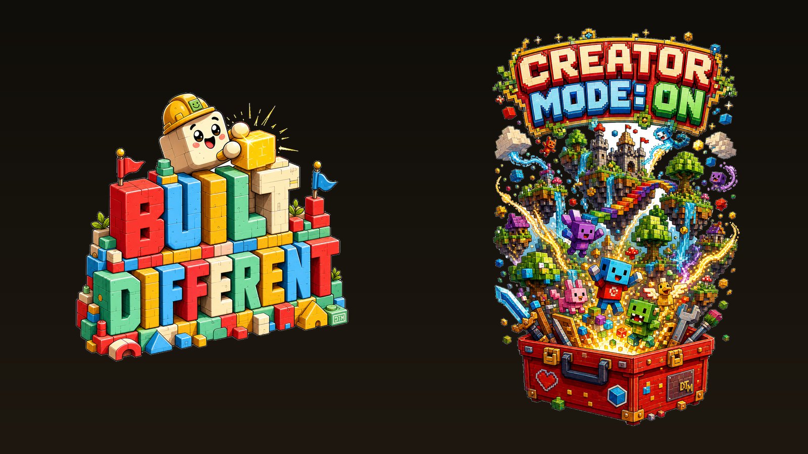 Original voxel-block BUILT DIFFERENT design with a cheerful cube creature on a black tee — kid-friendly creator merch with original art