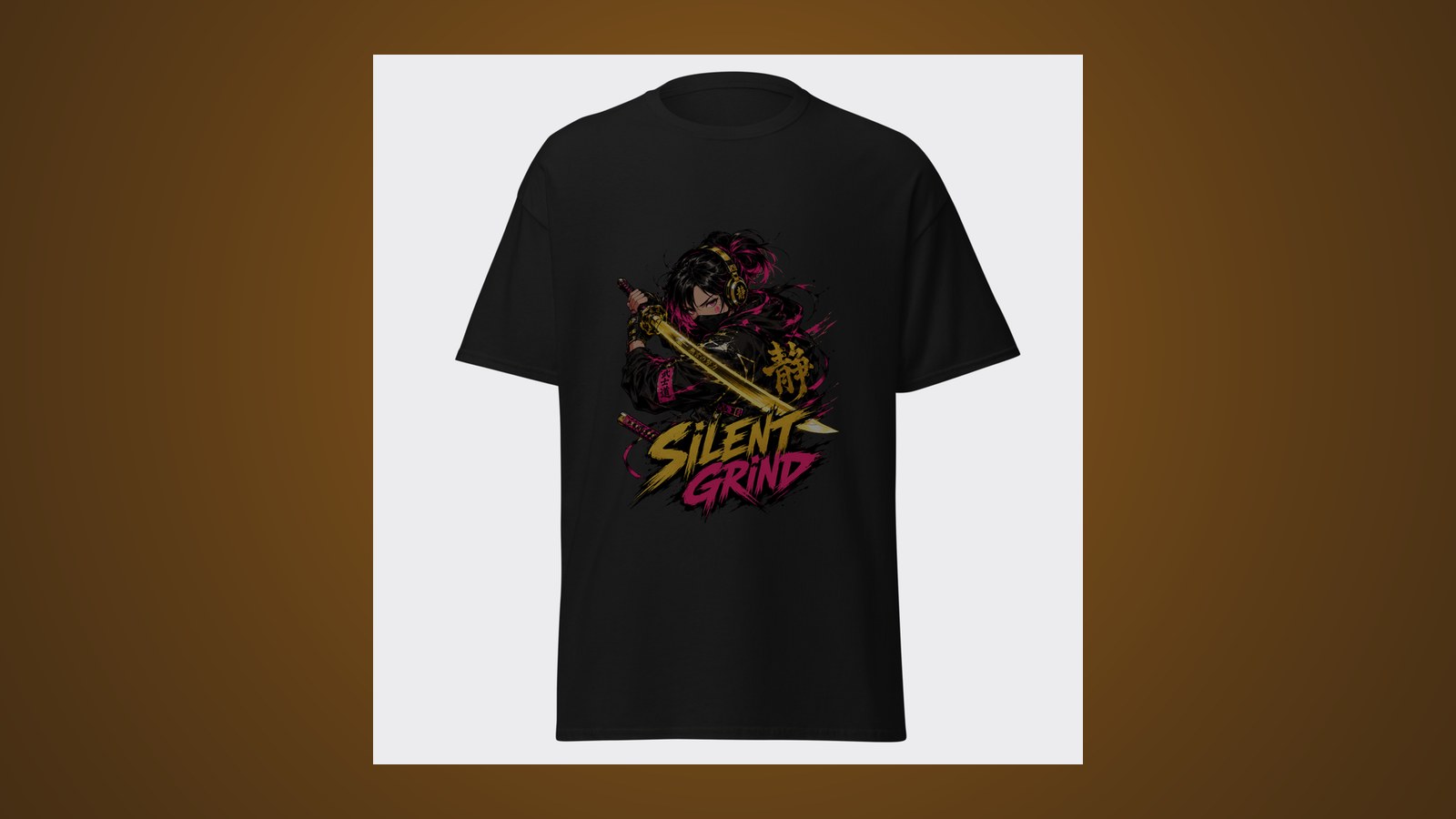 Lone samurai warrior standing under a red moon in anime-inspired art with SILENT GRIND lettering