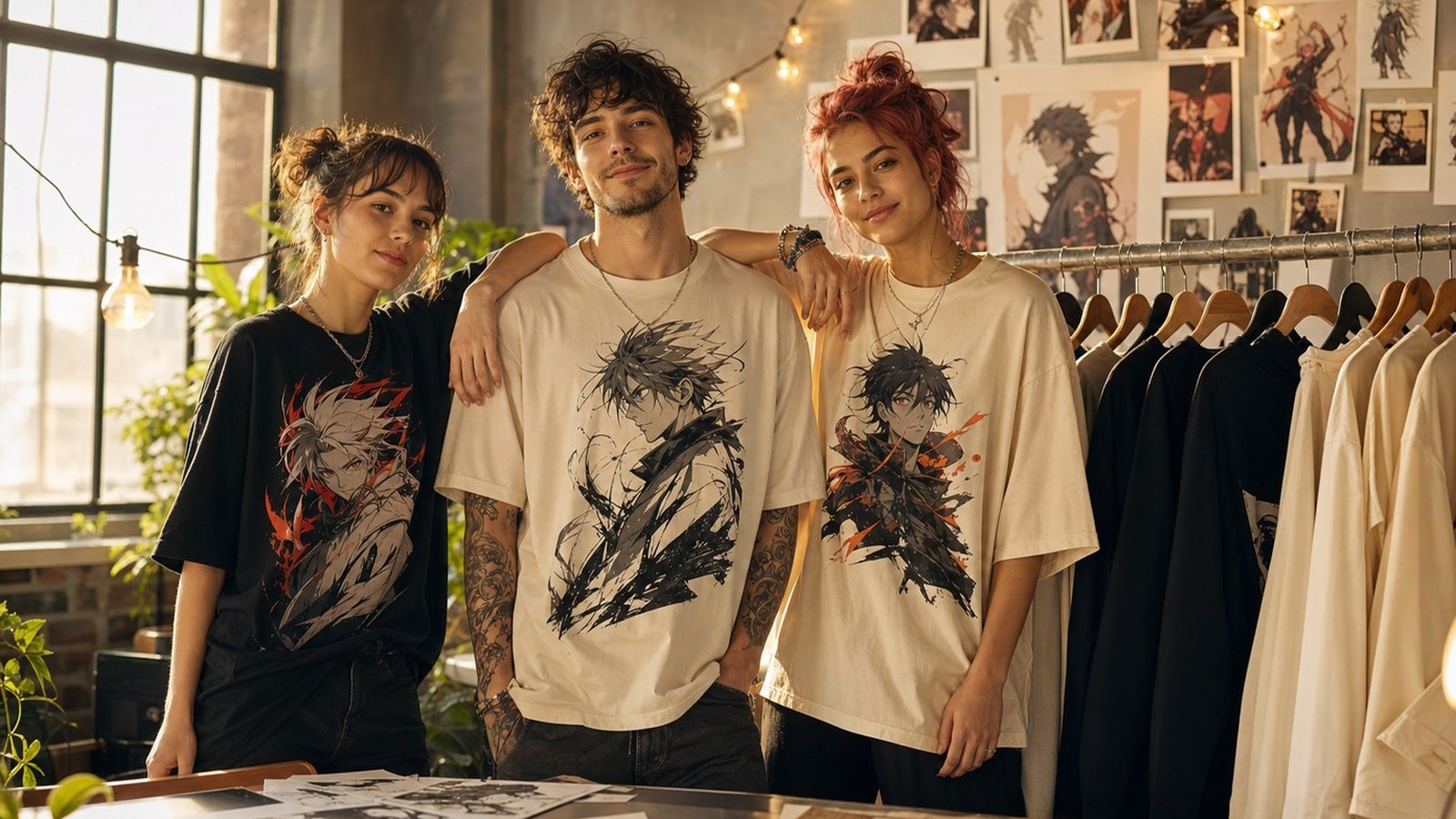 Anime streetwear capsule of a tee, crop hoodie and hoodie with an original character mark in black and gold