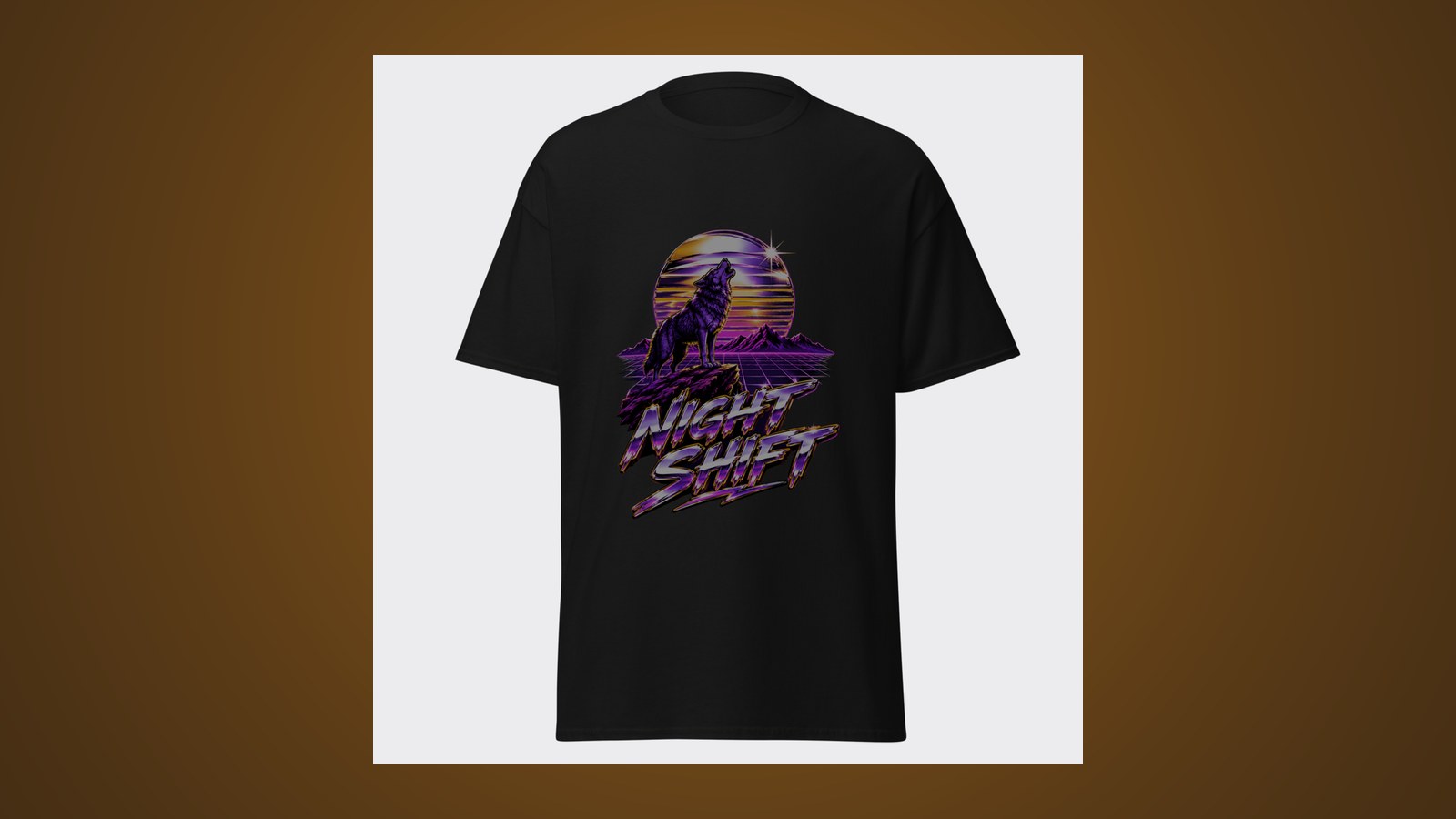 Neon synthwave wolf howling in front of a chrome moon and 80s sunset grid with NIGHT SHIFT lettering