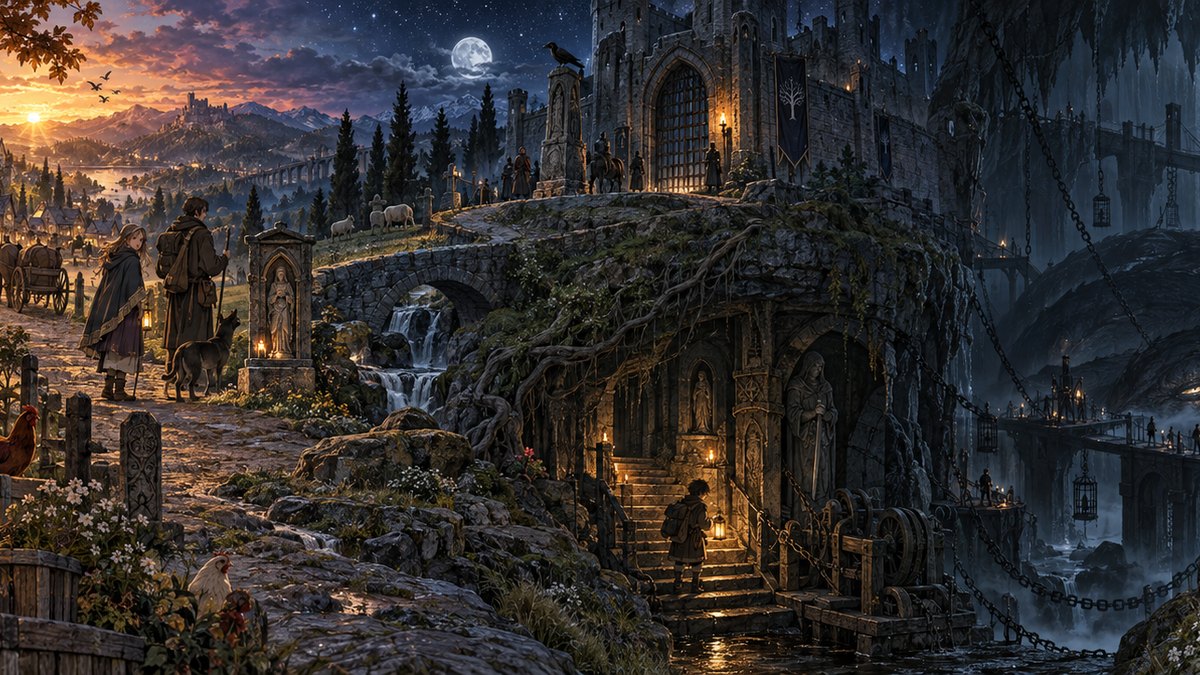 Painted panorama from the GoatNut video: The Keep Took One Lamb A Year. This Year It Took His. Part 1