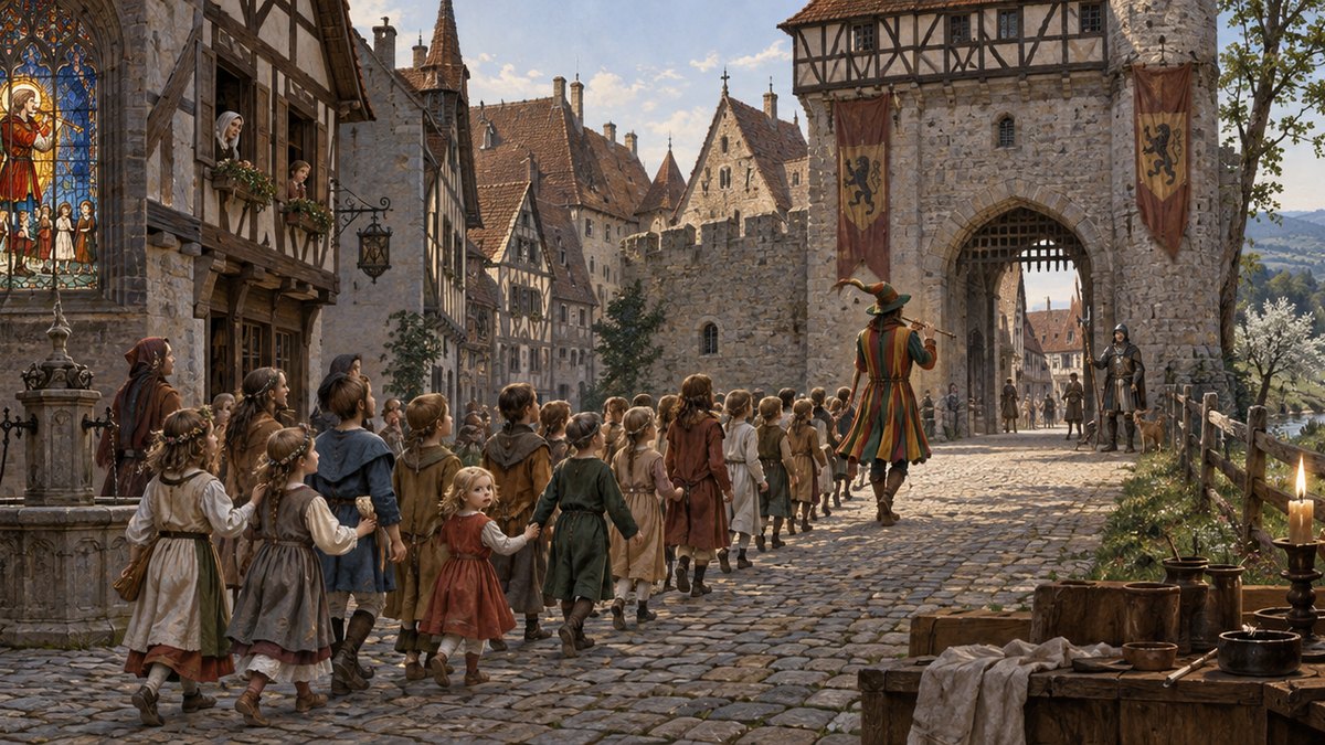 Painted panorama from the GoatNut video: The Oldest Pied Piper Story Has No Rats In It