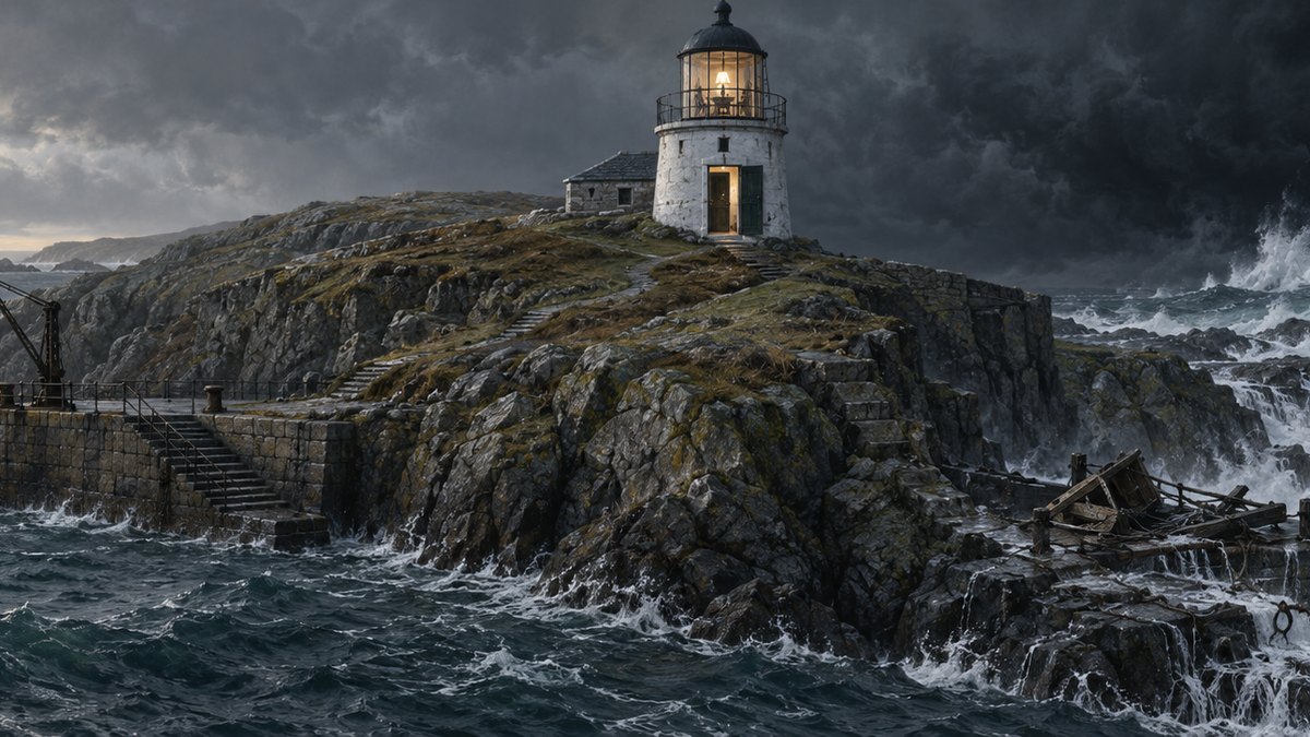 Painted panorama from the GoatNut video: Three Lighthouse Keepers Vanished From This Rock In 1900