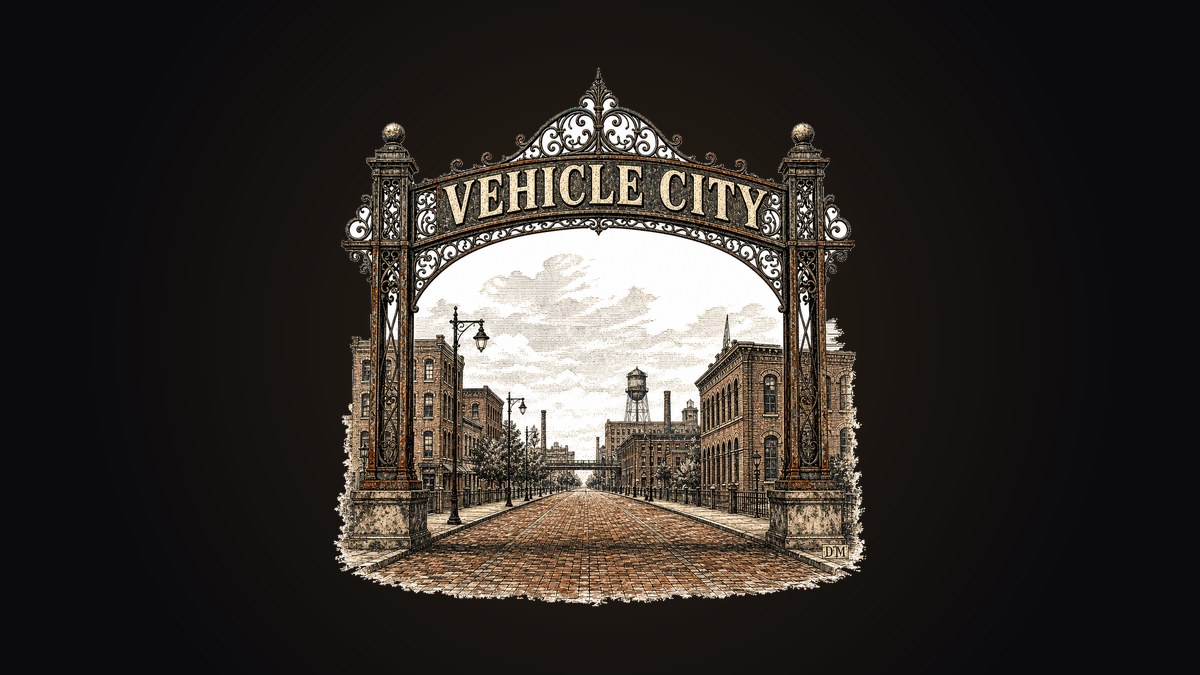 Vehicle City iron archway over a brick street in vintage linework on a black crewneck