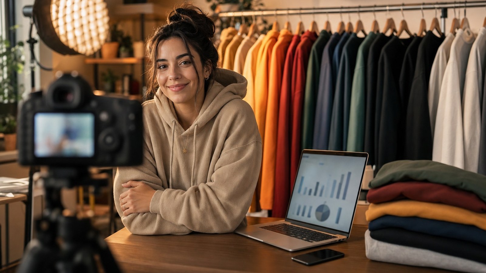 Laptop showing a YouTube channel with a merch row of tees and hoodies beneath the video player