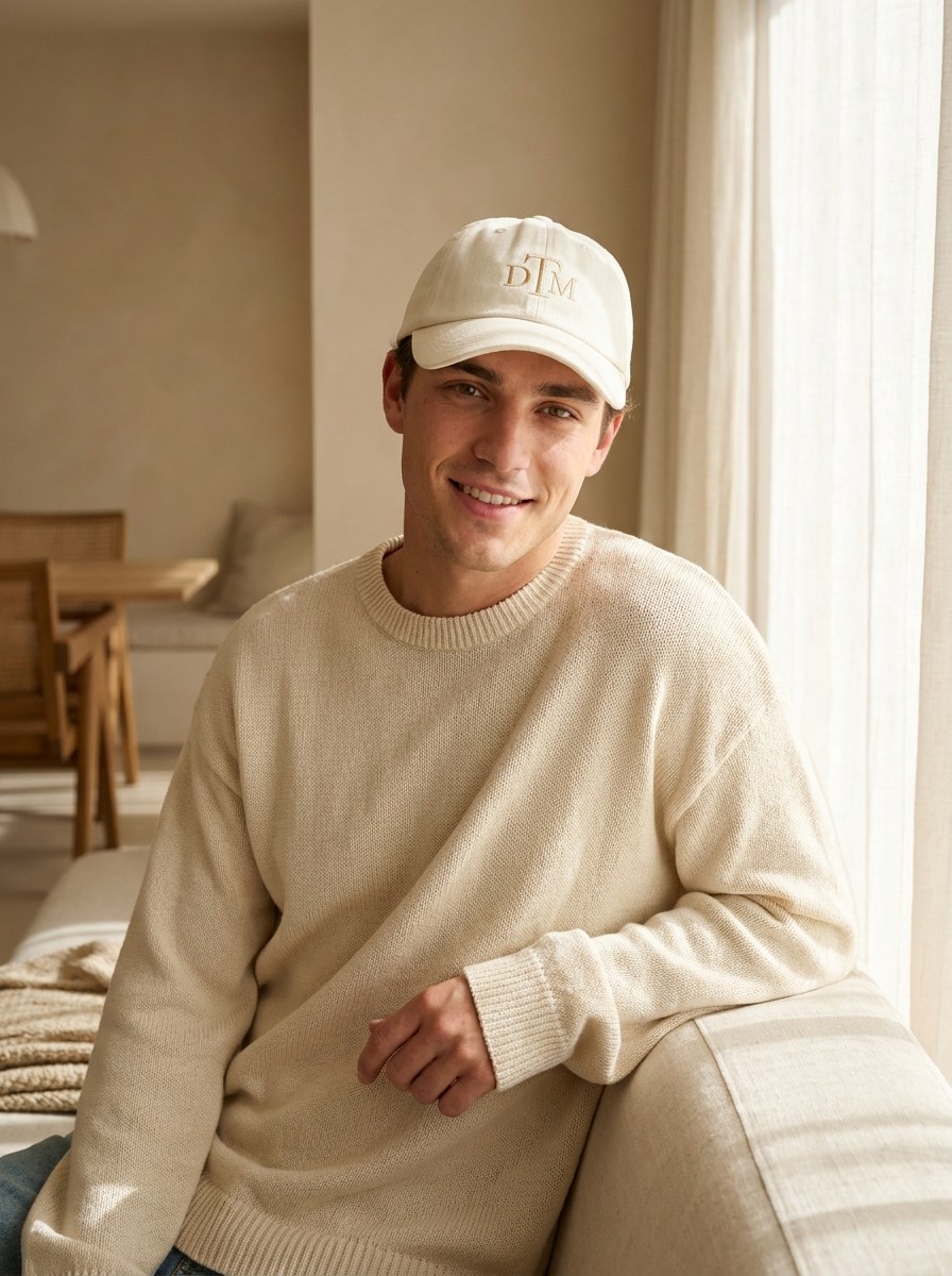Man wearing a cream DTM embroidered dad hat — custom headwear from $17